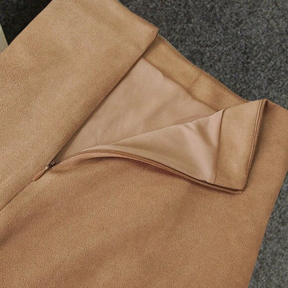Khaki Casual Women's Faux Deerskin Velvet With Zipper Back Slit Skirt - Picture 3 of 7